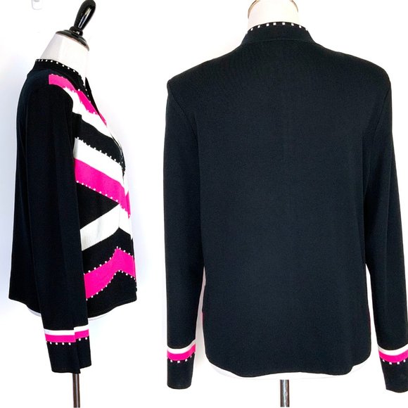 Ming Wang Open Front Knit Cardigan Career Black White Pink Medium - Picture 8 of 16